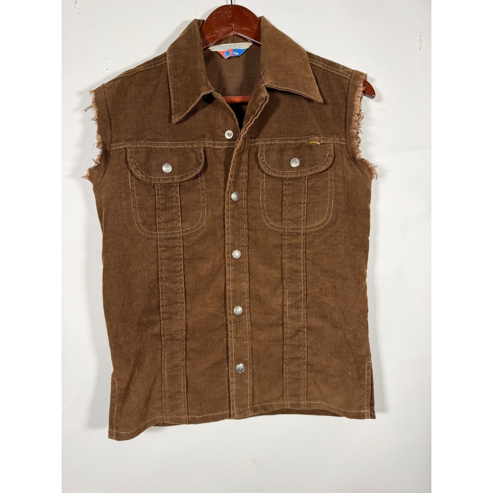 Vintage Sears Put On Shop Brown Corduroy Snap Front Frayed Sleeveless Vest Sz 14